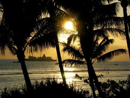 The Training Ship GOLDEN BEAR off of Lahaina Maui Hawaii at sunset