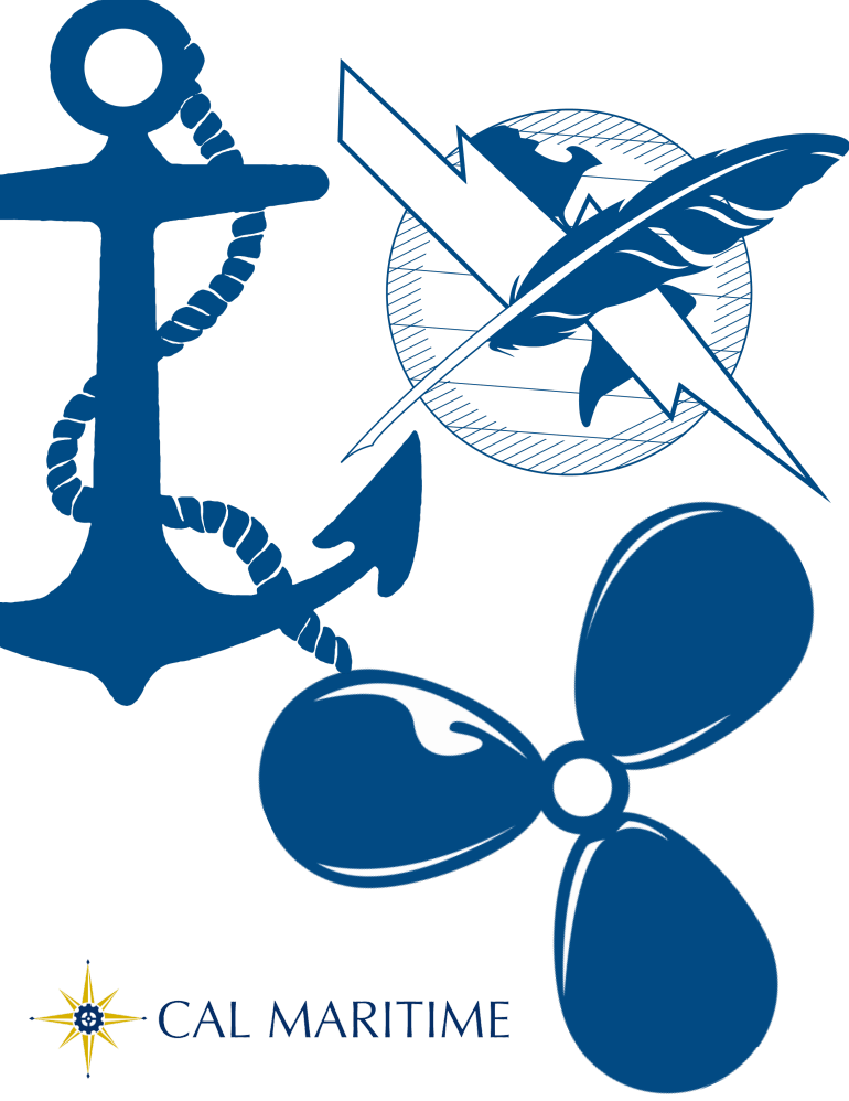 An anchor, propeller, and globe are shown together